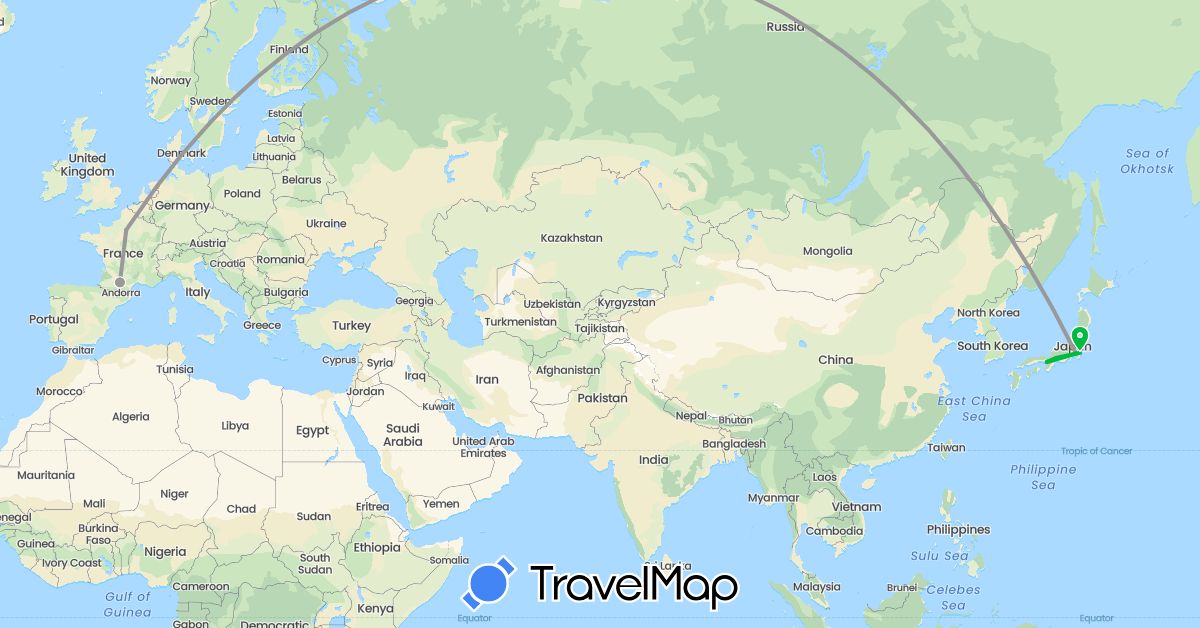 TravelMap itinerary: driving, bus, plane in France, Japan (Asia, Europe)
